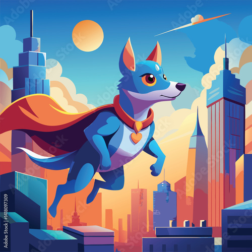 Super Canine Soaring Over Cityscape