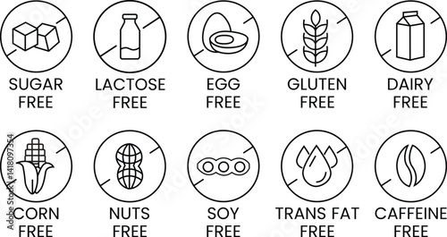 Set allergen free icons. Allergen free products. Products warning symbols. Lactose, gluten, sugar, corn, egg, trans fat, soy, nuts free, caffeine sign.