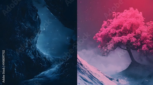 A dual-world print vs. digital design, one side textured print, the other sleek digital, split-screen aesthetic