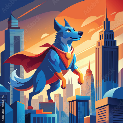 City of the city, a funny cartoon dog character illustration enjoying city lights in the night