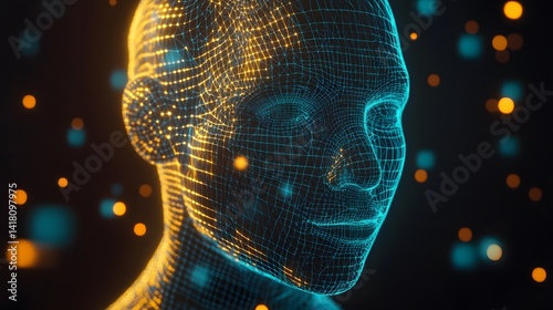 A digital sculpture showing 3D rendering and depth effects, glowing wireframe transitioning into realism 