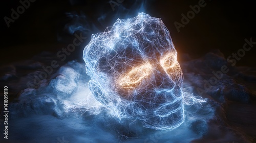 A digital sculpture showing 3D rendering and depth effects, glowing wireframe transitioning into realism 