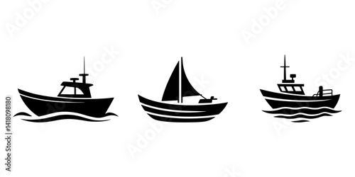 boat on the water, Maritime ships black silhouette. Vector icon set of ship at sea, sail boats, yacht, passenger liner, sailboat, cruiser and cargo ships. Water ocean transport boat in flat style. Sea