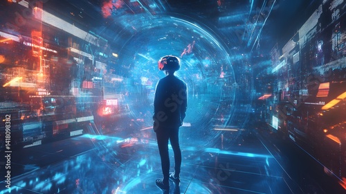 A digital artist using Smart Objects, layers unfolding like floating holograms, futuristic studio setting