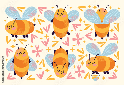 Cartoon bees set with blue wings and pink cheeks flying and holding honey bucket isolated on background. Bee and honey concept illustration