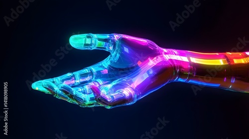 A cybernetic hand reaching out, each finger representing a hexadecimal color, glowing RGB veins under the skin