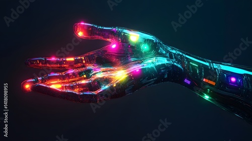 A cybernetic hand reaching out, each finger representing a hexadecimal color, glowing RGB veins under the skin