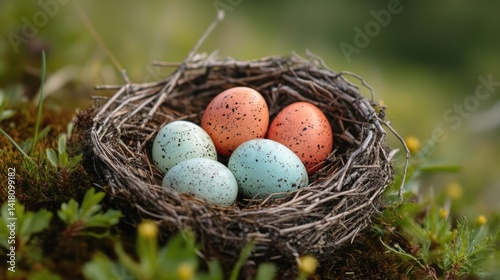 Colorful eggs in meadow
