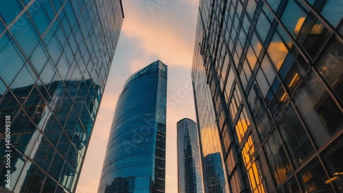 Looking up at modern office buildings with glass exteriors reflecting the sky during sunrise or sunset in a financial district