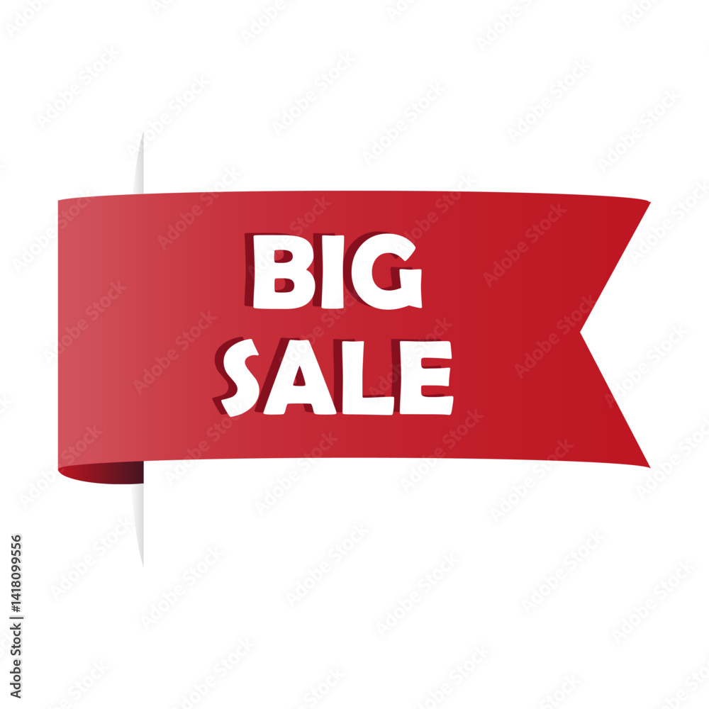 Big sale ribbon. Discount banner tag. Red curved label. Vector promotion shape.
