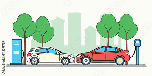 Vector Image Graphic Art Illustration of Electric Car Charging Station with Eco Trees and Urban Background
