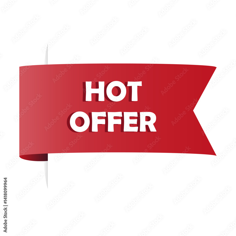 Red ribbon label. Hot offer message. Curved shadow shape. Vector bold banner.