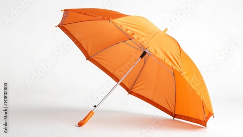 A vibrant orange umbrella standing open against a plain white backdrop in a studio setting light created with generated ai