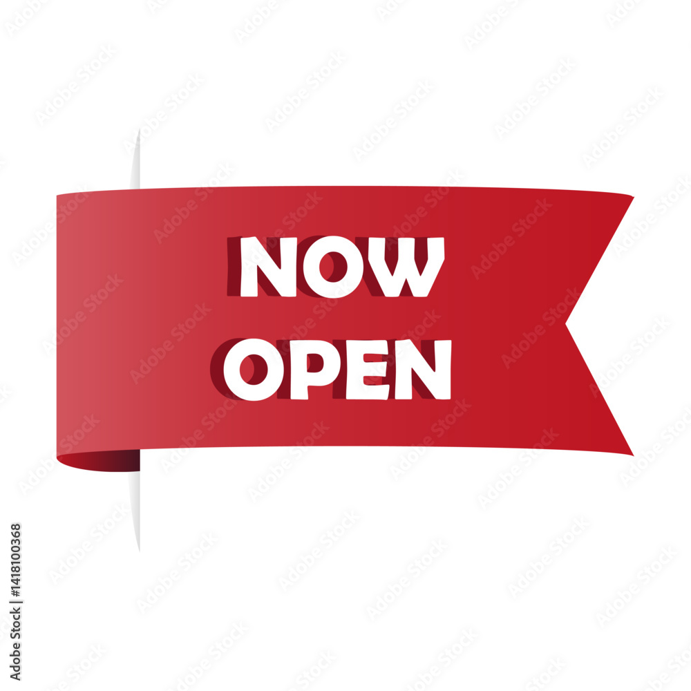 Now open banner. Grand opening ribbon. Vector announcement label. Red promotional shape.
