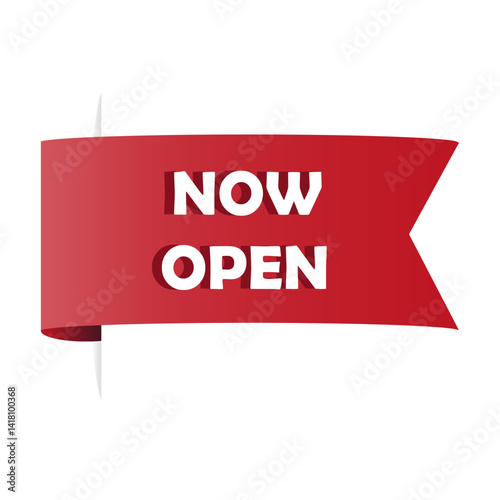 Obraz na płótnie Now open banner. Grand opening ribbon. Vector announcement label. Red promotional shape. w salonie