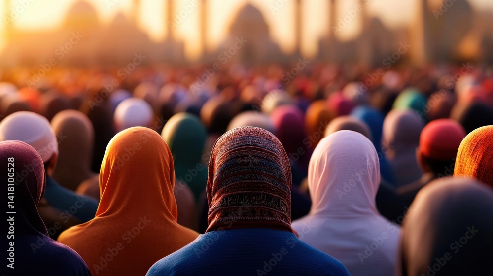 A large group of individuals, wearing colorful head coverings, congregate in a public space during sunset