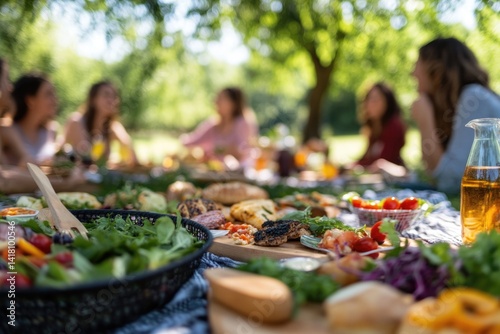 A group of friends enjoy a delightful outdoor picnic with a variety of delicious food and drinks.