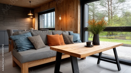 Wallpaper Mural Functional design and space efficiency, modern simplicity, A cozy, modern living room featuring a wooden table, comfortable sofa with colorful cushions, and large windows overlooking greenery. Torontodigital.ca