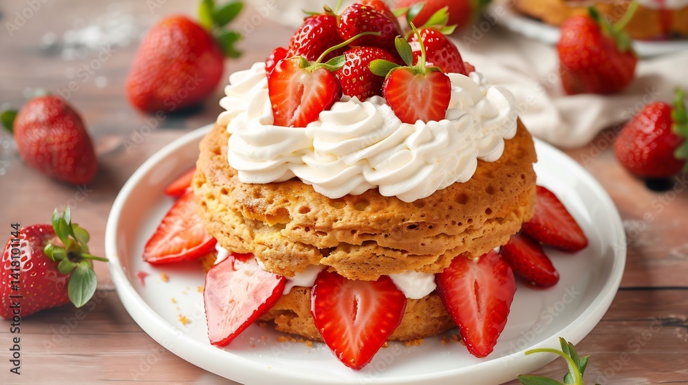 Strawberry shortcake whipped cream and fresh berries classic summer American dessert on white plate Strawberry shortcake whipped cream and fresh berries classic summer American dessert on white plate