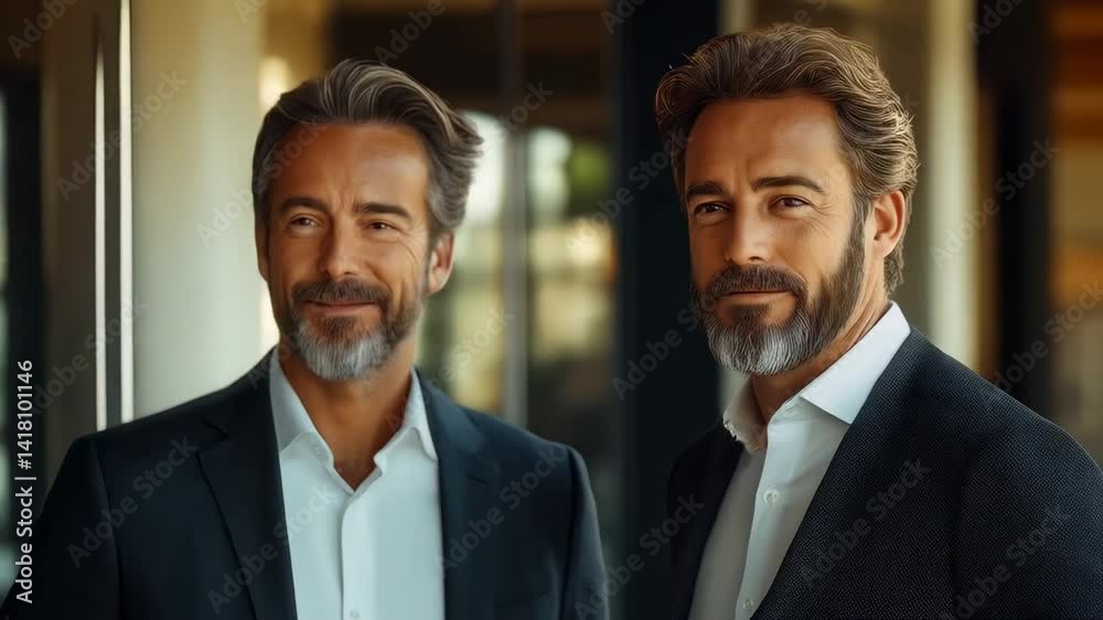 Two men in stylish attire share a warm moment in a modern indoor setting during daylight hours Two men in stylish attire share a warm moment in a modern indoor setting during daylight hours
