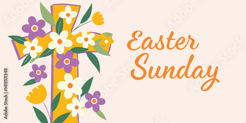 Colorful Easter Cross with Flowers Vector Image Graphic Art Illustration of Easter