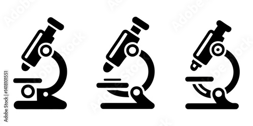 Microscope silhouette icon set vector on whtie background, An illustration featuring a black microscope silhouette set against a clean white background depicting a laboratory microscope with detailed.