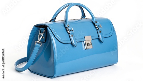 A light blue patent leather handbag with silver hardware on a white background in studio lighting created with generated ai