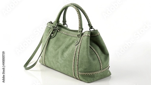 Sage green handbag with silver accents and braided handles on a white background studio shot created with generated ai