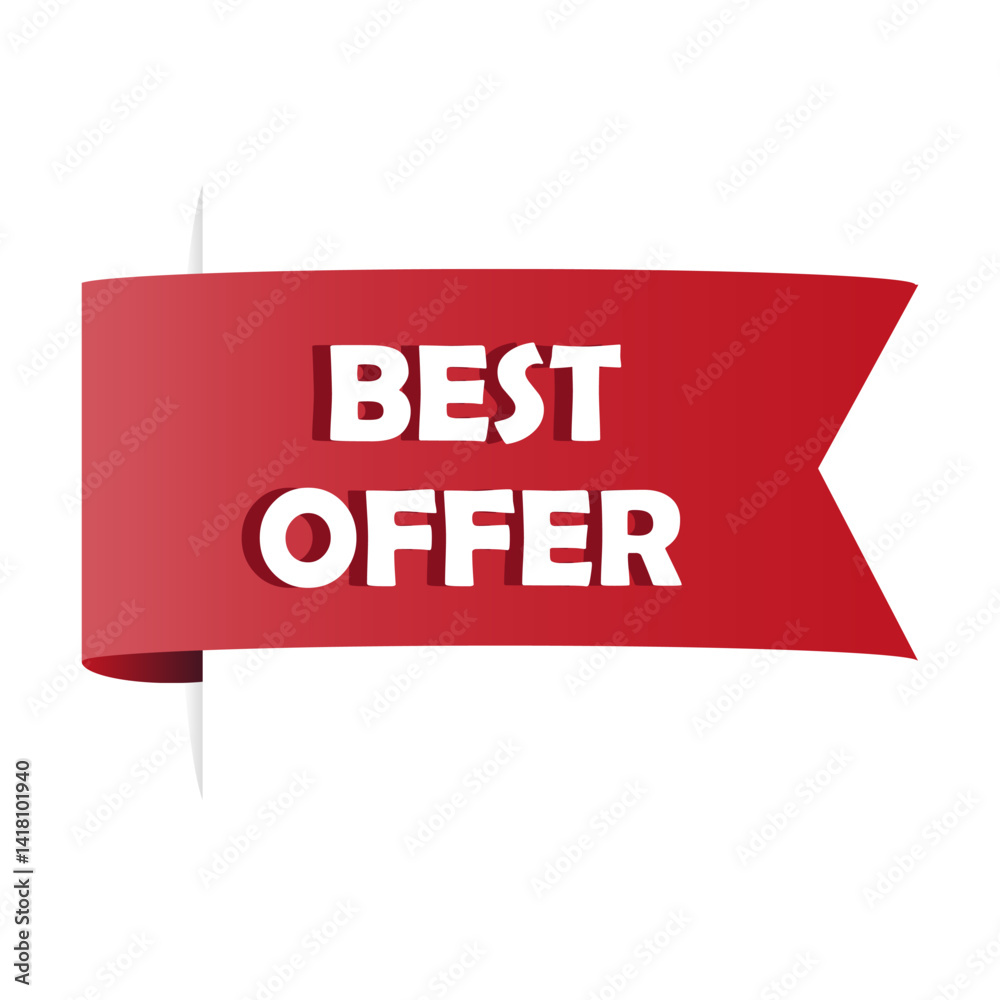 Best offer ribbon. Discount message shape. Sales banner vector. Red promotion tag.
