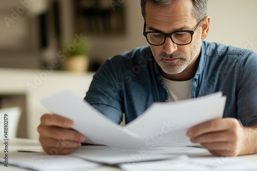A man meticulously reviews important documents, his focused expression reflecting serious consideration.