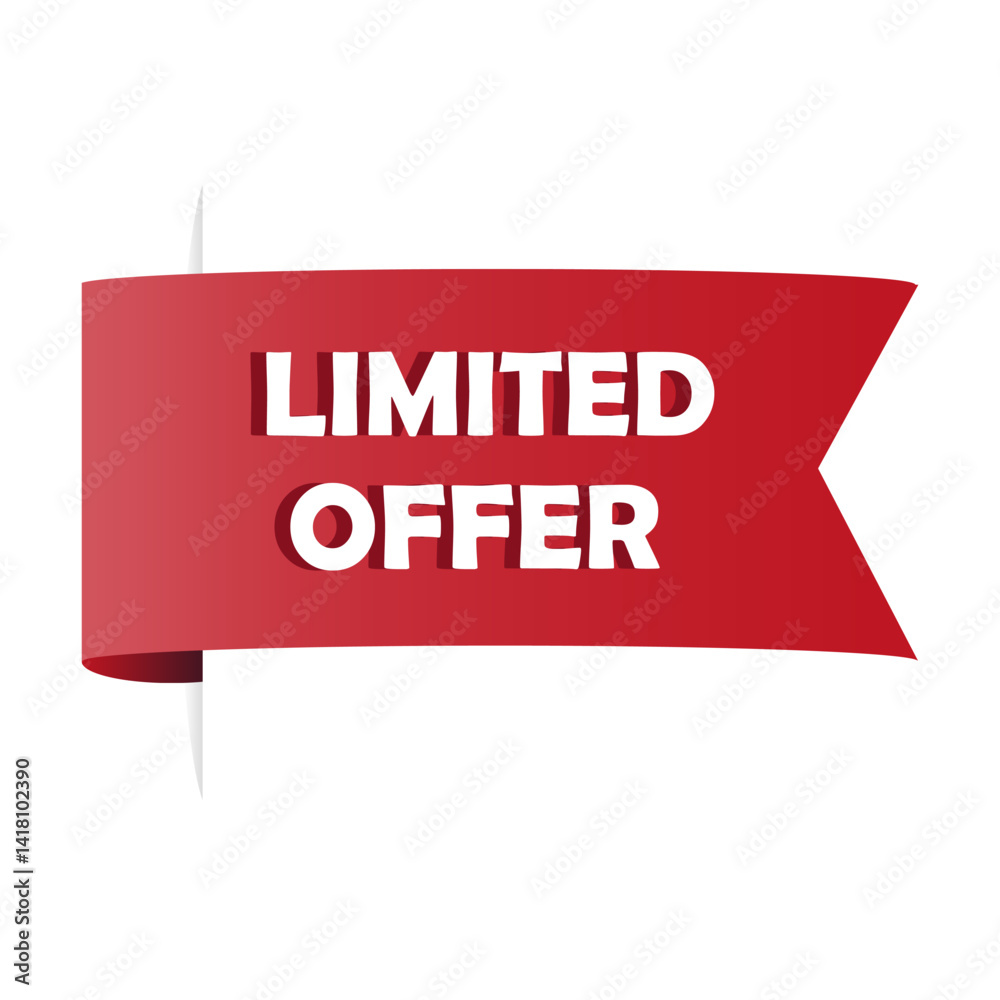 Red ribbon banner. Limited offer tag. Vector promotional label. Bold text graphic.