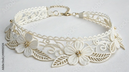 Close up of a white lace choker necklace with floral details and gold accents on a white background created with generated ai
