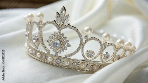 A silver crown with pearls and diamonds on a white satin fabric for a royal and elegant look created with generated ai