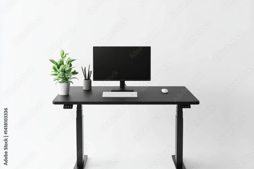 Modern minimalist black standing desk setup with computer, keyboard, mouse, plant, and pencils. Modern minimalist black standing desk setup with computer, keyboard, mouse, plant, and pencils.