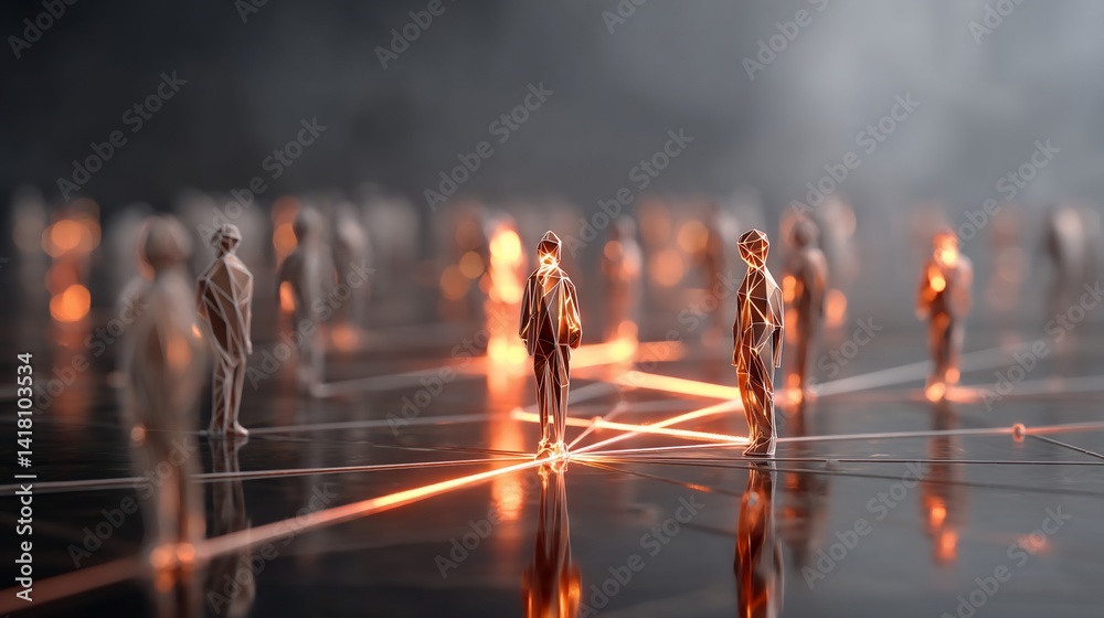 Statues of people stand on a grid of light in hazy air, network visible