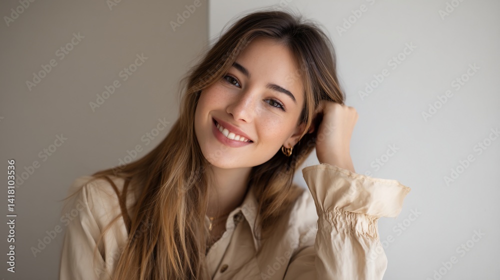 Smiling woman with soft features in beige shirt, hand on head, leaning