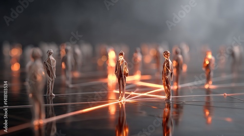 Statues of people stand on a grid of light in hazy air, network visible