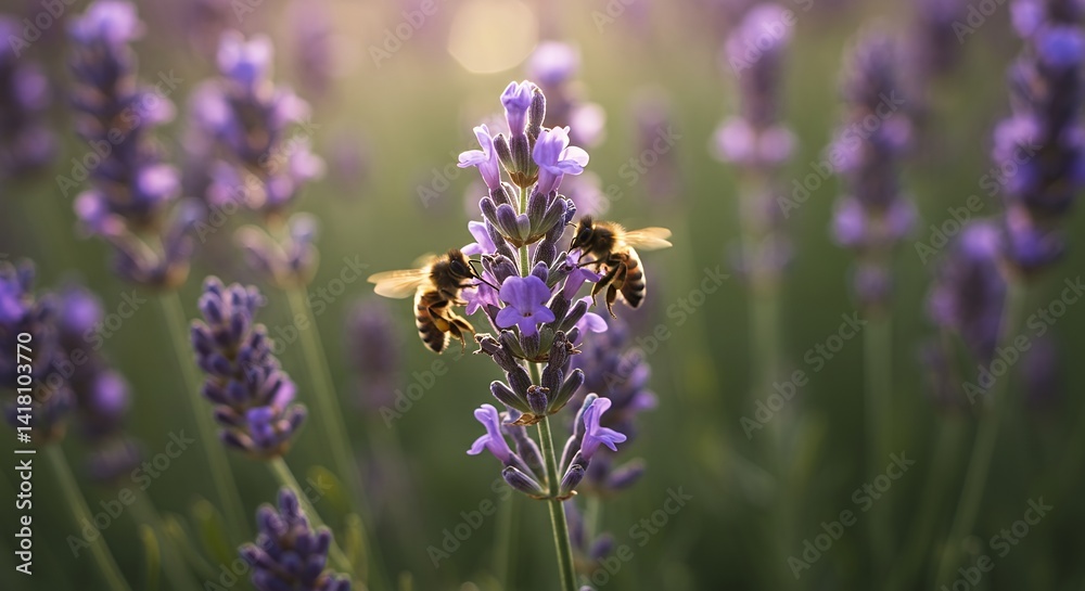 Bees Pollinating Lavender Flowers in Summer Field Bees Pollinating Lavender Flowers in Summer Field