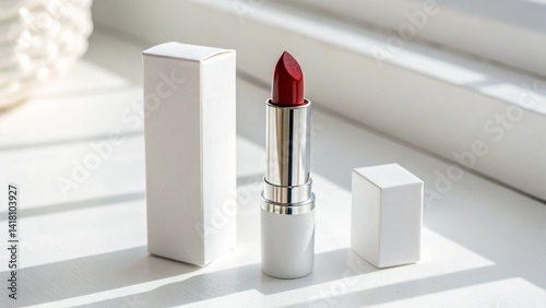 Close up of red lipstick with silver tube and white boxes on a white surface with window light created with generated ai