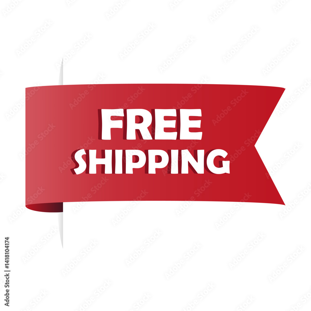 Free shipping ribbon. Delivery offer banner. Vector red label. Promotion tag shape.