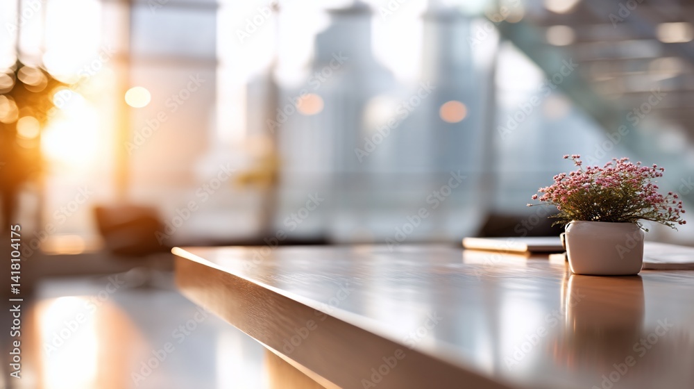 Sunny desk vignette with plant in white pot, blurred city view backdrop