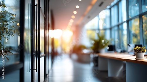 Sunlit office with glass doors, desks, plants, and modern lighting