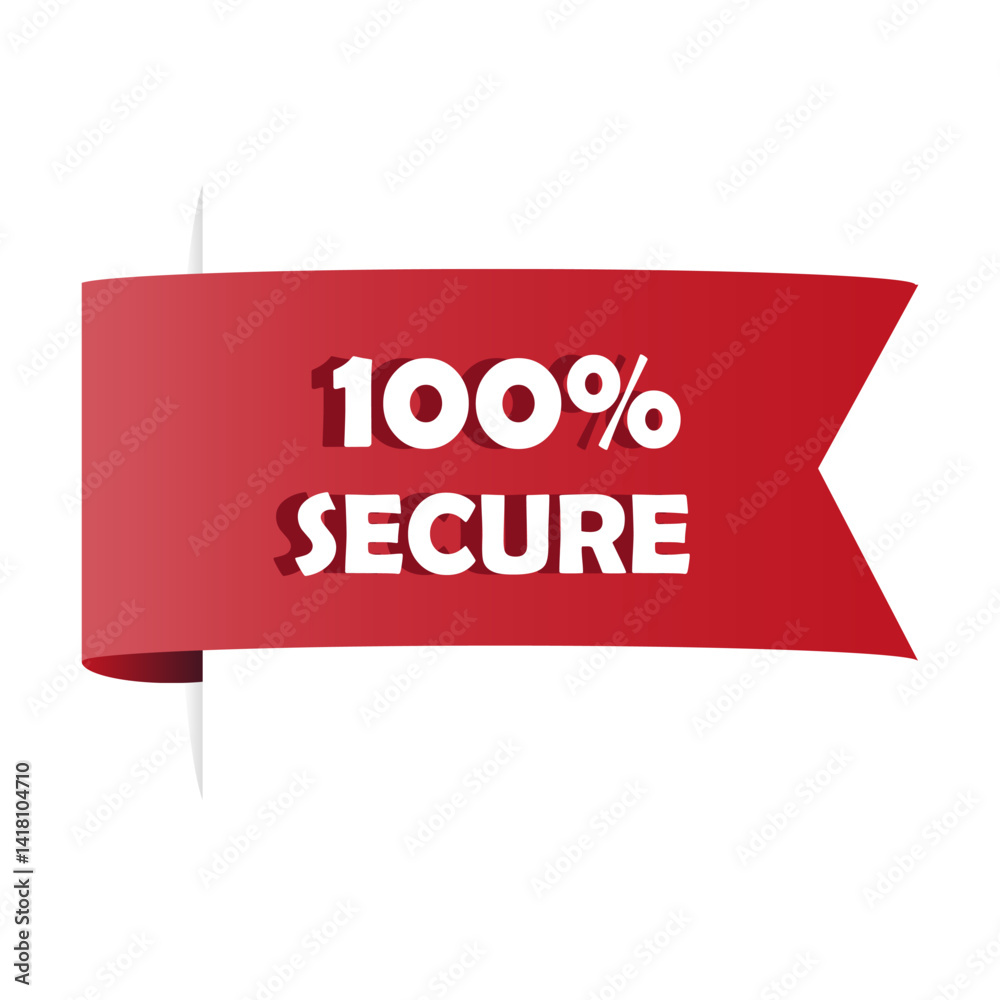 Secure ribbon label. One hundred percent text. Vector red banner. Safety guarantee message.