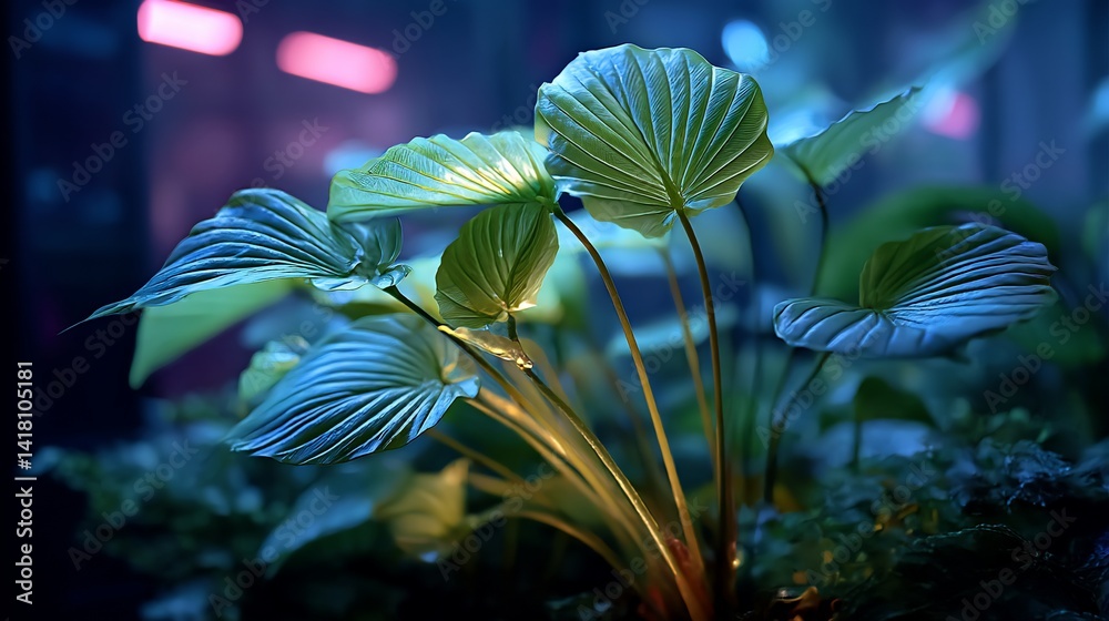 Tropical green leaves radiate golden light in a moody, colorful atmosphere