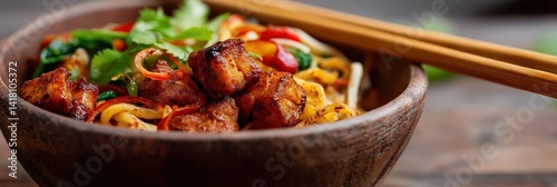 A beautiful presentation of a vibrant Asian dish featuring colorful vegetables and crispy tofu, showcasing the artistry of food preparation and the joy of dining. photo