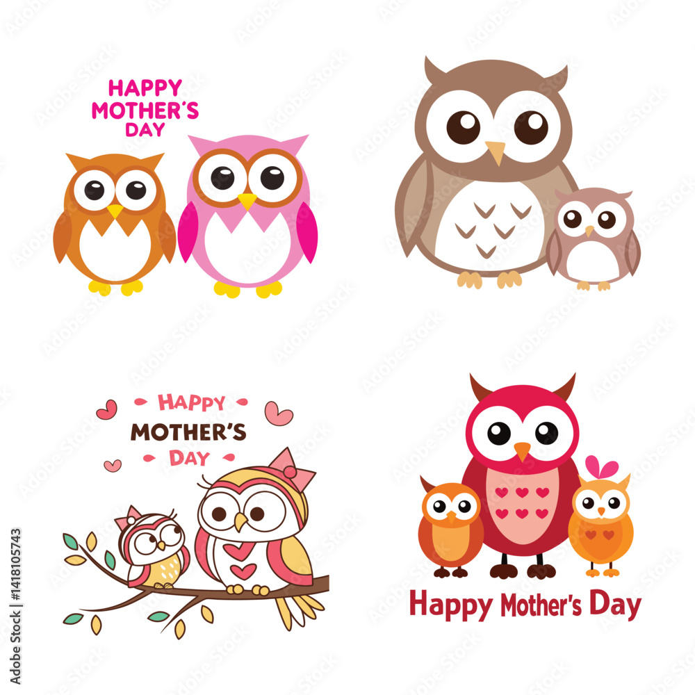 Obraz premium Cute Mother's Day Owl Card Cartoon Mom and Baby Animals