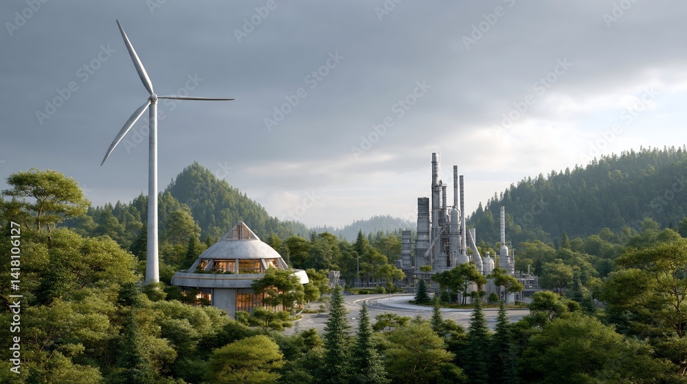 Verdant landscape with futuristic structures and a tall wind turbine