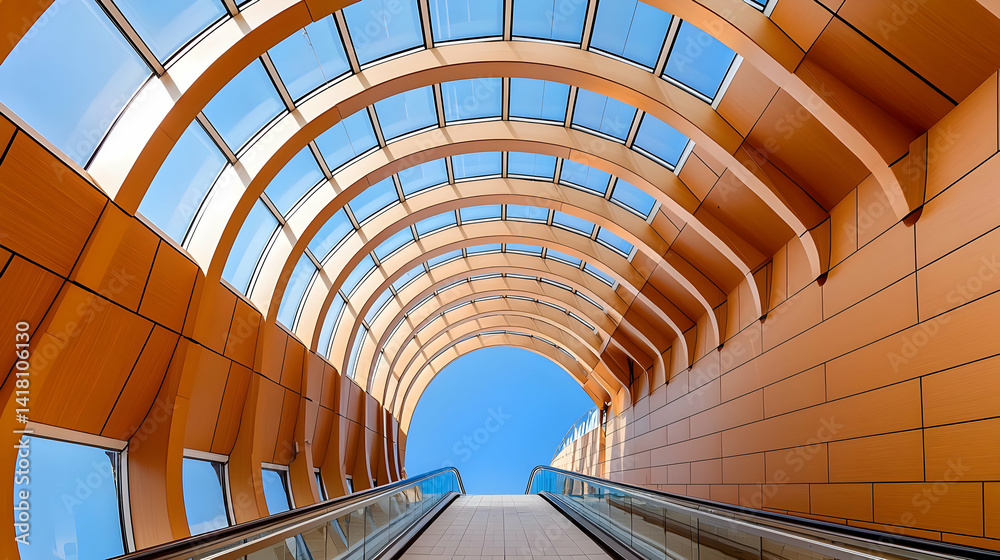 Fototapeta premium Modern Beige Architectural Tunnel with Escalator and Archways