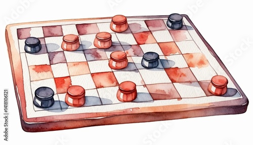 Watercolor Illustration of a Checkers Game in Progress