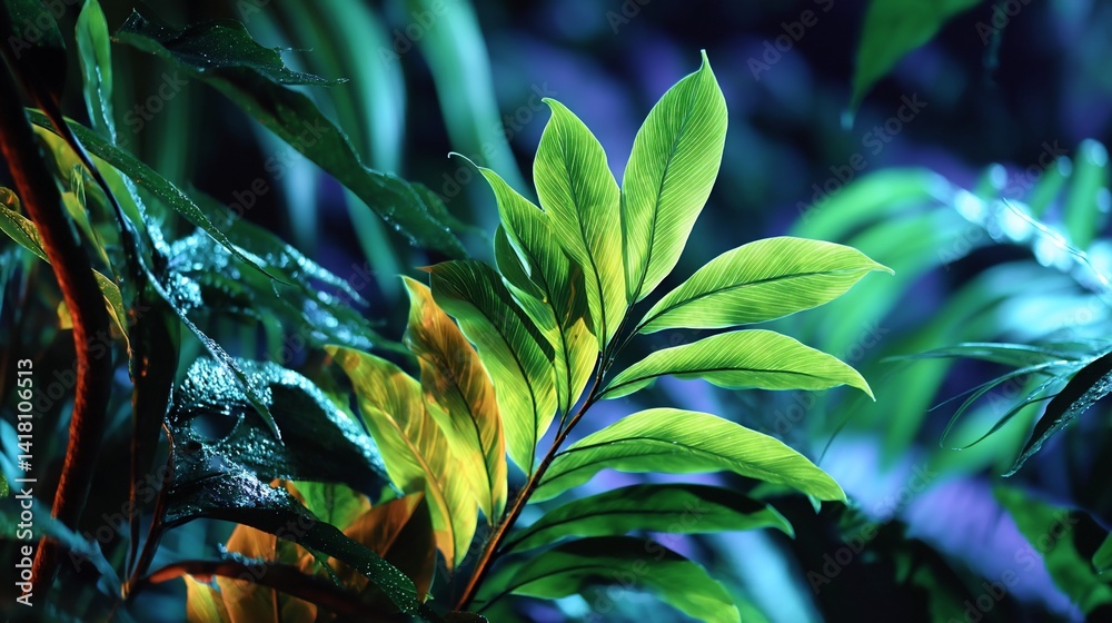 Vibrant green foliage in a dark, lush garden bathed in cool light